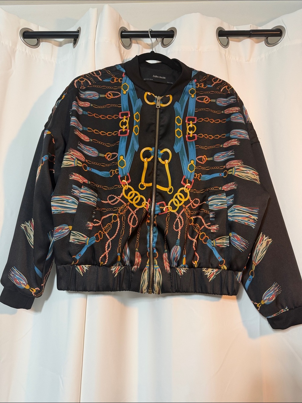 Zara Horse Bit Equestrian Black Chain & Tassel Print Bomber Satin Jacket B7